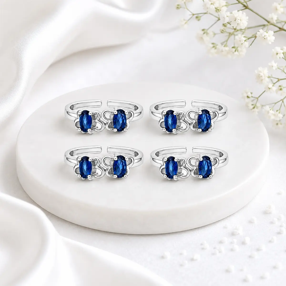 925 Sterling Silver Toe Ring Pair Of 2 Blue Stone Elegant Design For Women